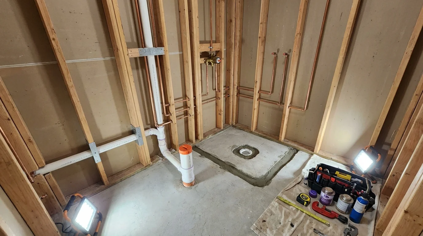 Bathroom rough-in plumbing during remodel by Johns Plumbing LLC in Sistersville