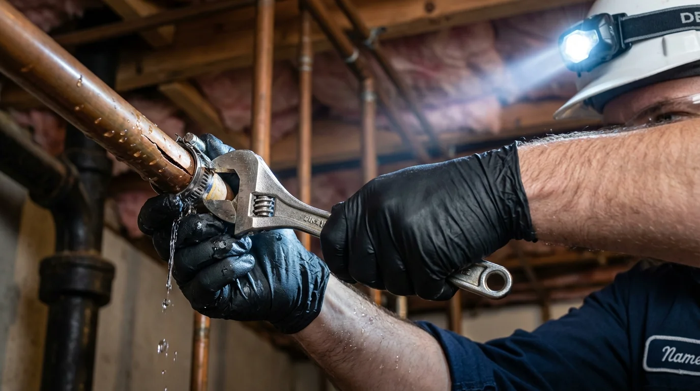 Emergency pipe clamp repair being performed by a Johns Plumbing LLC plumber in Sistersville