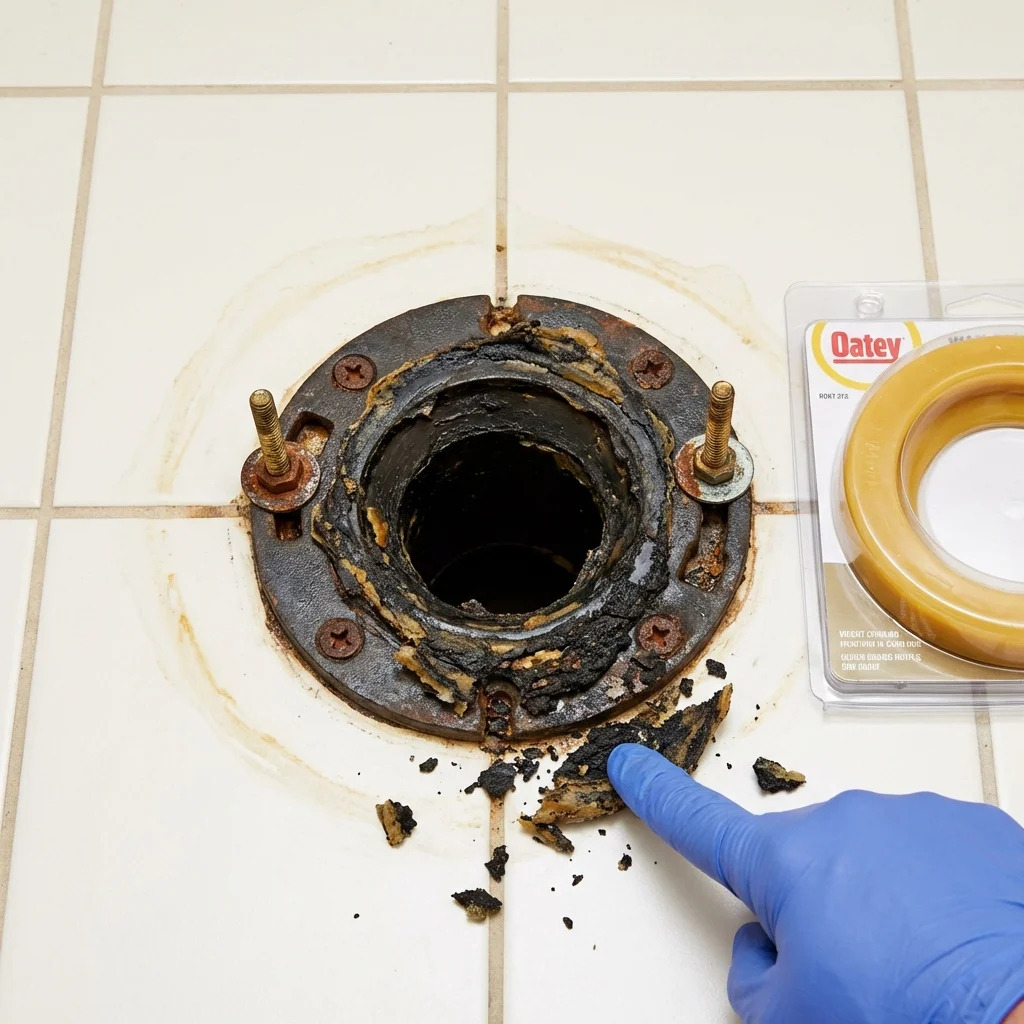 Failed wax ring showing water seepage at the base of a toilet in a Sistersville, WV home