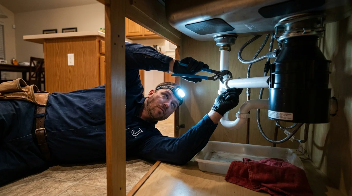 P-trap and supply line connections under a kitchen sink showing a common leak point in Sistersville, WV